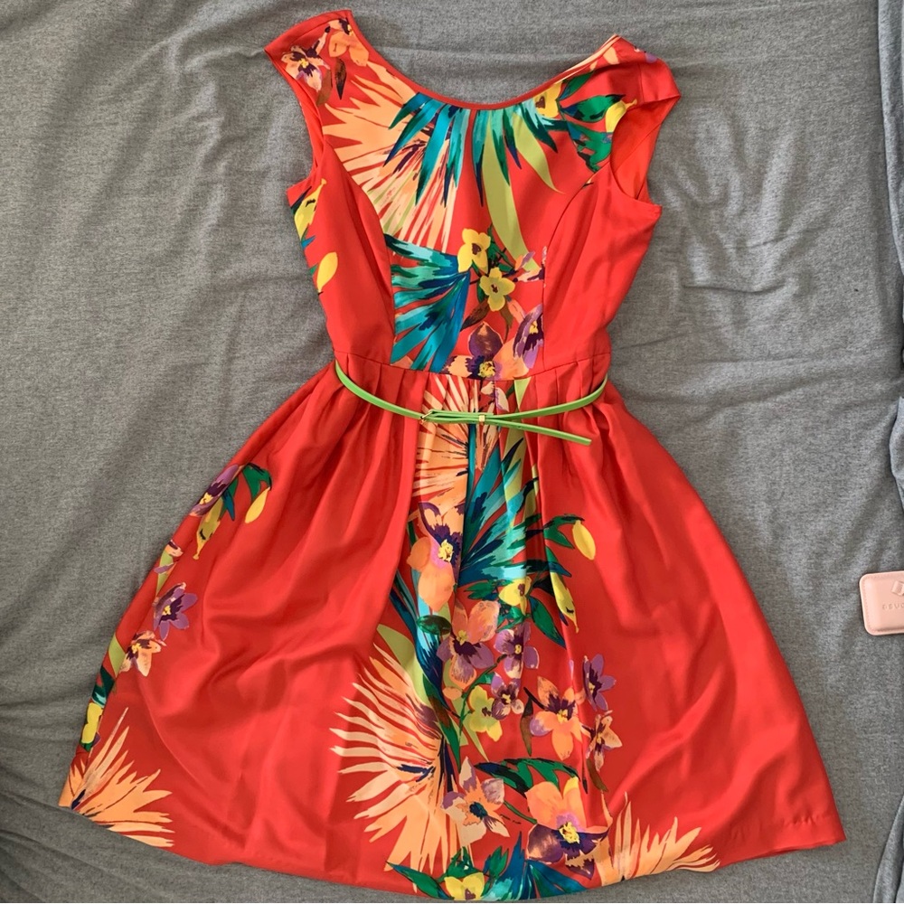 Ellen Tracy Tropical Hawaiian Print Midi Dress